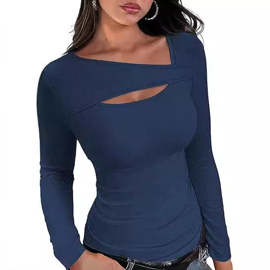 Damen Geripptes Langarmshirt mit asymmetrischem Carmenausschnitt und Brust-Cut-Out Shop Nory