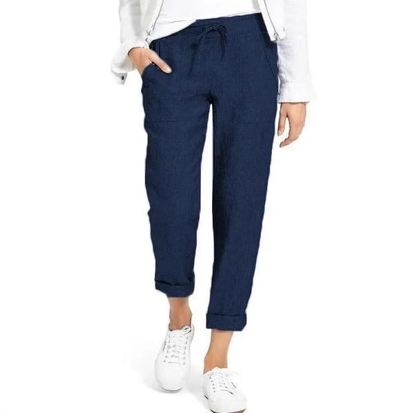 Damen entspannte Leinenhose mit elastischem Bund und praktischen Taschen