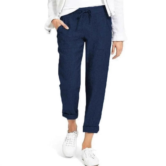 Damen entspannte Leinenhose mit elastischem Bund und praktischen Taschen