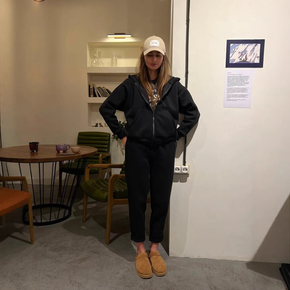 Damen lässiges Fleece-Zweiteiler mit Oversize-Kapuzenjacke und tapered Joggerhose Shop Nory