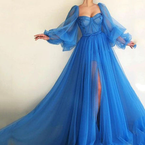 Damen Tüll Abendkleid mit voluminösen Ärmeln und seitlichem Schlitz