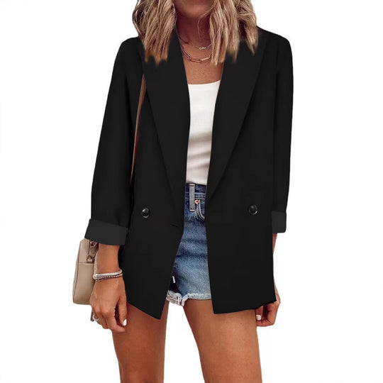 Damen Lockerer Longline-Blazer mit aufgekrempelten Ärmeln und zweireihiger Knopfleiste Shop Nory