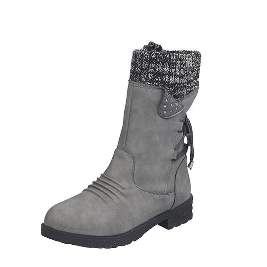 Damen Mid-Cut Stiefel mit Strickmanschette, Zierkordel und Veloursoptik Shop Nory