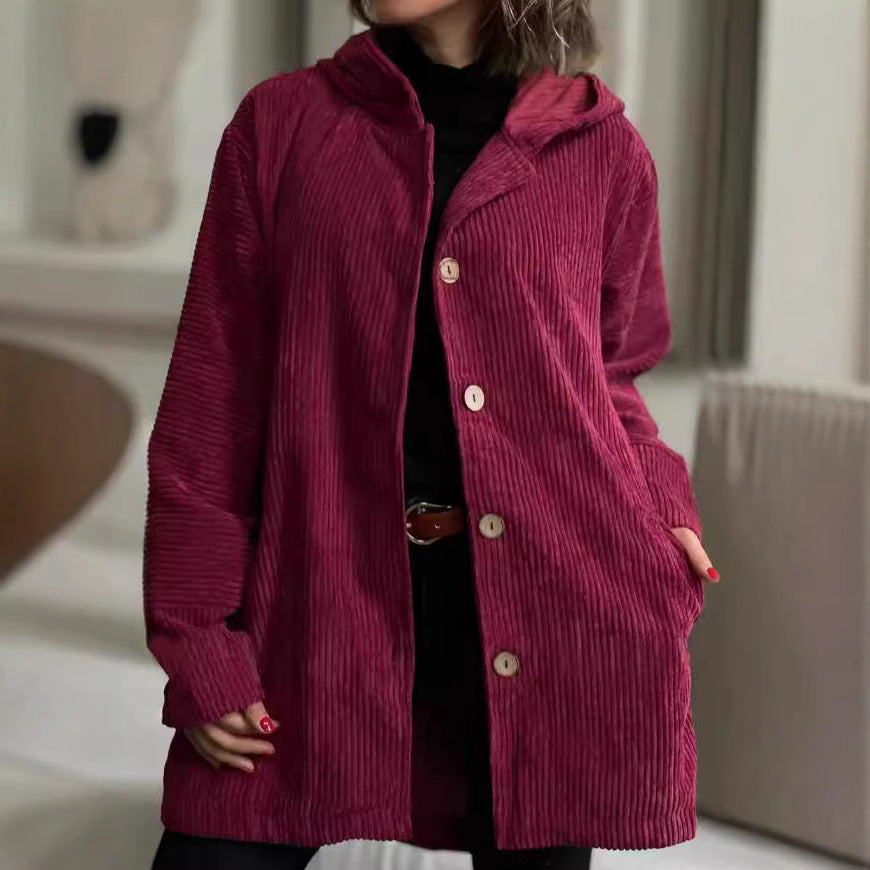 Damen Kapuzenjacke aus Kordstoff mit Knopfverschluss