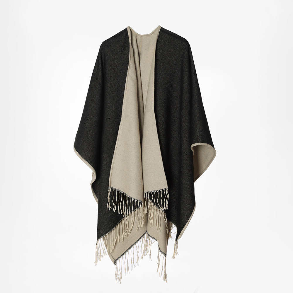 Damen Zweilagiger Oversize-Cape mit Fransen und offenem Wasserfall-Schnitt Shop Nory