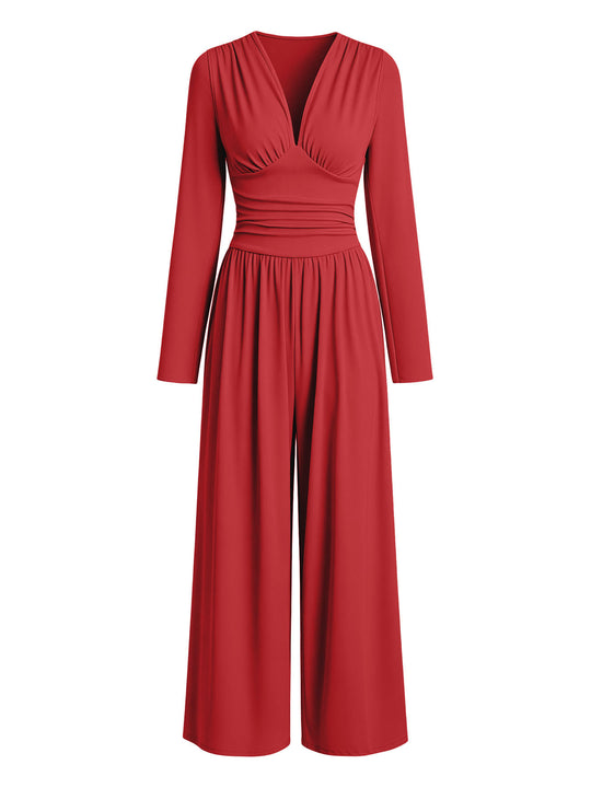 Damen Eleganter V‑Ausschnitt Jumpsuit mit tailliertem Wickelbund und weitem Hosenbein Shop Nory