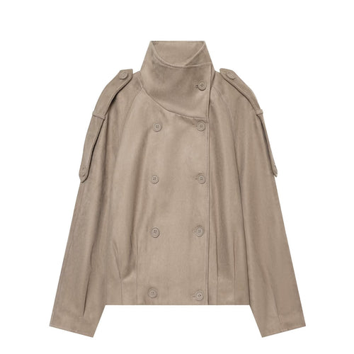 Damen Cropped Cape‑Trenchjacke in Veloursoptik mit hohem Stehkragen, Epauletten und doppelreihiger Knopfleiste Shop Nory