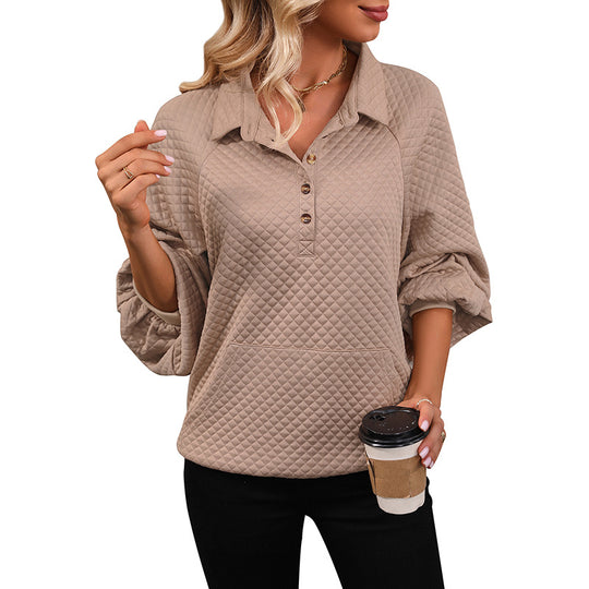 Damen Stepp-Polo-Sweatshirt mit Knopfleiste, Kängurutasche und Balloon-Ärmeln Shop Nory