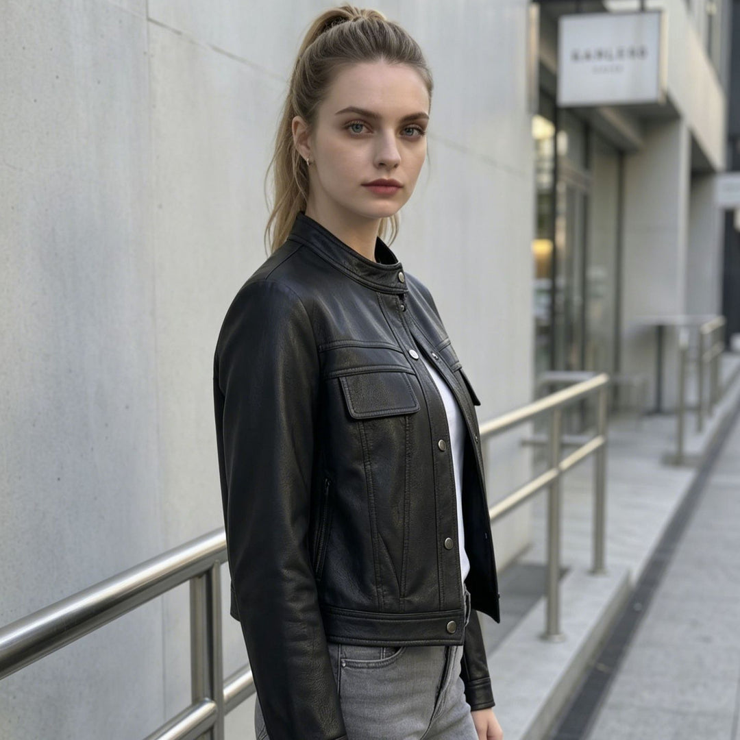 Damen Kurz geschnittene Lederjacke mit Stehkragen und Pattentaschen Shop Nory