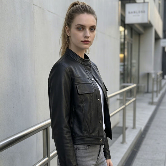 Damen Kurz geschnittene Lederjacke mit Stehkragen und Pattentaschen Shop Nory