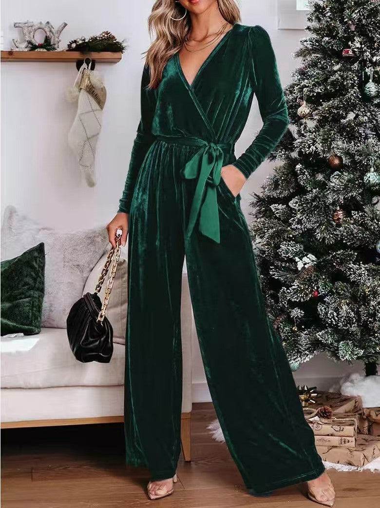 Damen Samt‑Jumpsuit mit Wickel‑V‑Ausschnitt, weitem Bein und Taillengürtel Shop Nory