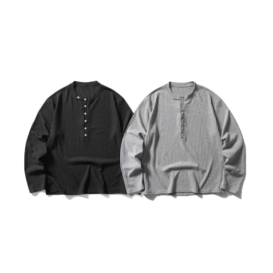 Unisex Gerippter Henley-Pullover mit Rundhals und durchgehender Knopfleiste Shop Nory