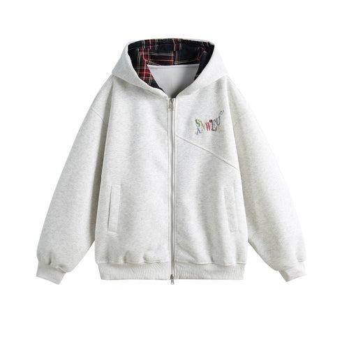 Damen Kapuzen-Sweatjacke im Boxy-Schnitt mit kariert gefütterter Kapuze und dezenter Stickerei Shop Nory