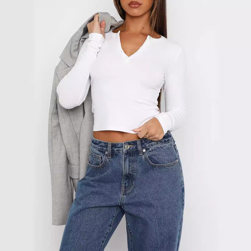 Damen Geripptes Langarm-Henley-Cropped-Shirt Shop Nory