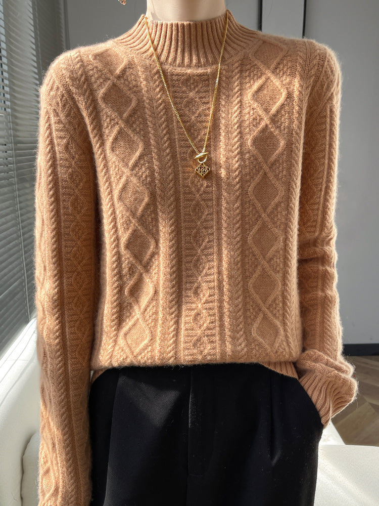 Damen Kuscheliger Mohair‑Optik Mockneckpullover mit Rautenzopfstruktur und kastiger Silhouette Shop Nory