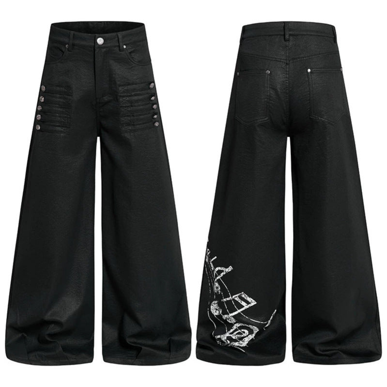 Damen Weite hochgeschnittene Palazzo-Hose mit beschichteter Lederoptik, extra weitem Bein und Statement-Print Shop Nory
