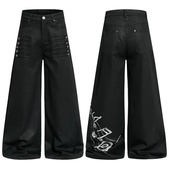 Damen Weite hochgeschnittene Palazzo-Hose mit beschichteter Lederoptik, extra weitem Bein und Statement-Print Shop Nory