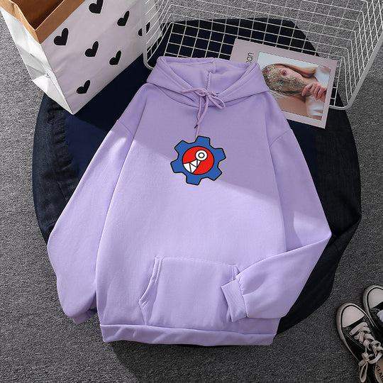 Damen nan oversized Fleece-Kapuzenpullover mit weicher Innenseite, Kängurutasche und appliziertem Zahnrad-Comic-Motiv Shop Nory
