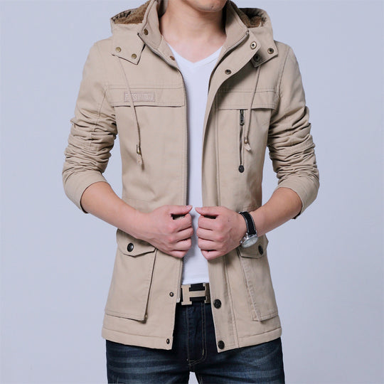 Herren Canvas-Parka mit gefütterter Kapuze, Multifunktions-Taschen und verdecktem Reißverschluss Shop Nory