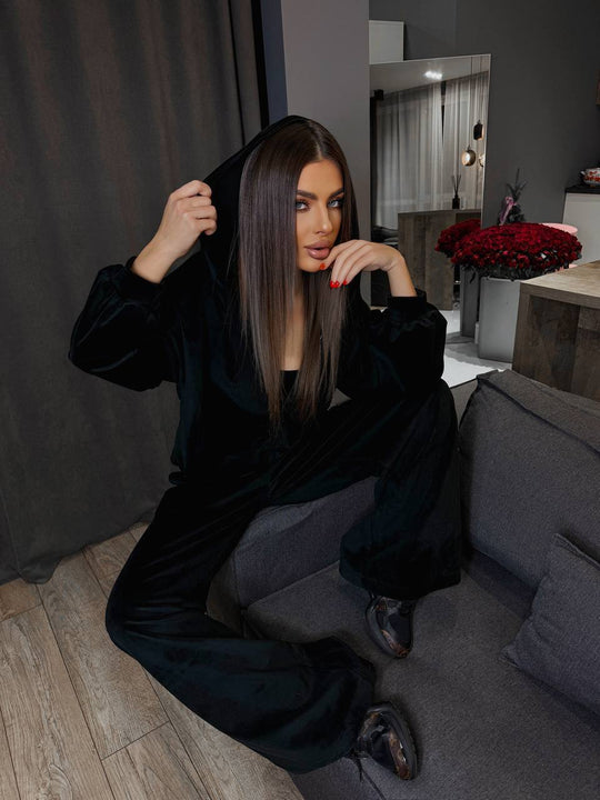 Damen luxuriöses Velours-Cropped-Hoodie und High-Waist Weite Jogginghose Set Shop Nory