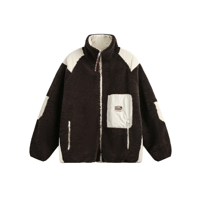 Unisex Oversize Teddy‑Fleecejacke mit Kontrast-Nylonbesätzen und Stehkragen Shop Nory