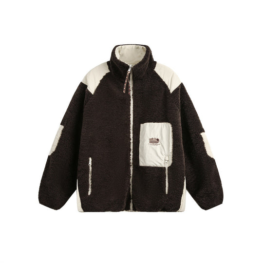 Unisex Oversize Teddy‑Fleecejacke mit Kontrast-Nylonbesätzen und Stehkragen Shop Nory