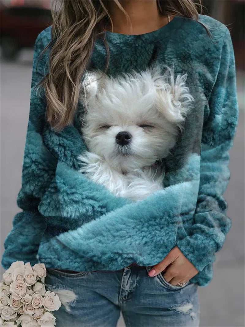Damen Gemütlicher Übergroßer Fleece-Pullover mit Großem Welpenfoto-Print Shop Nory