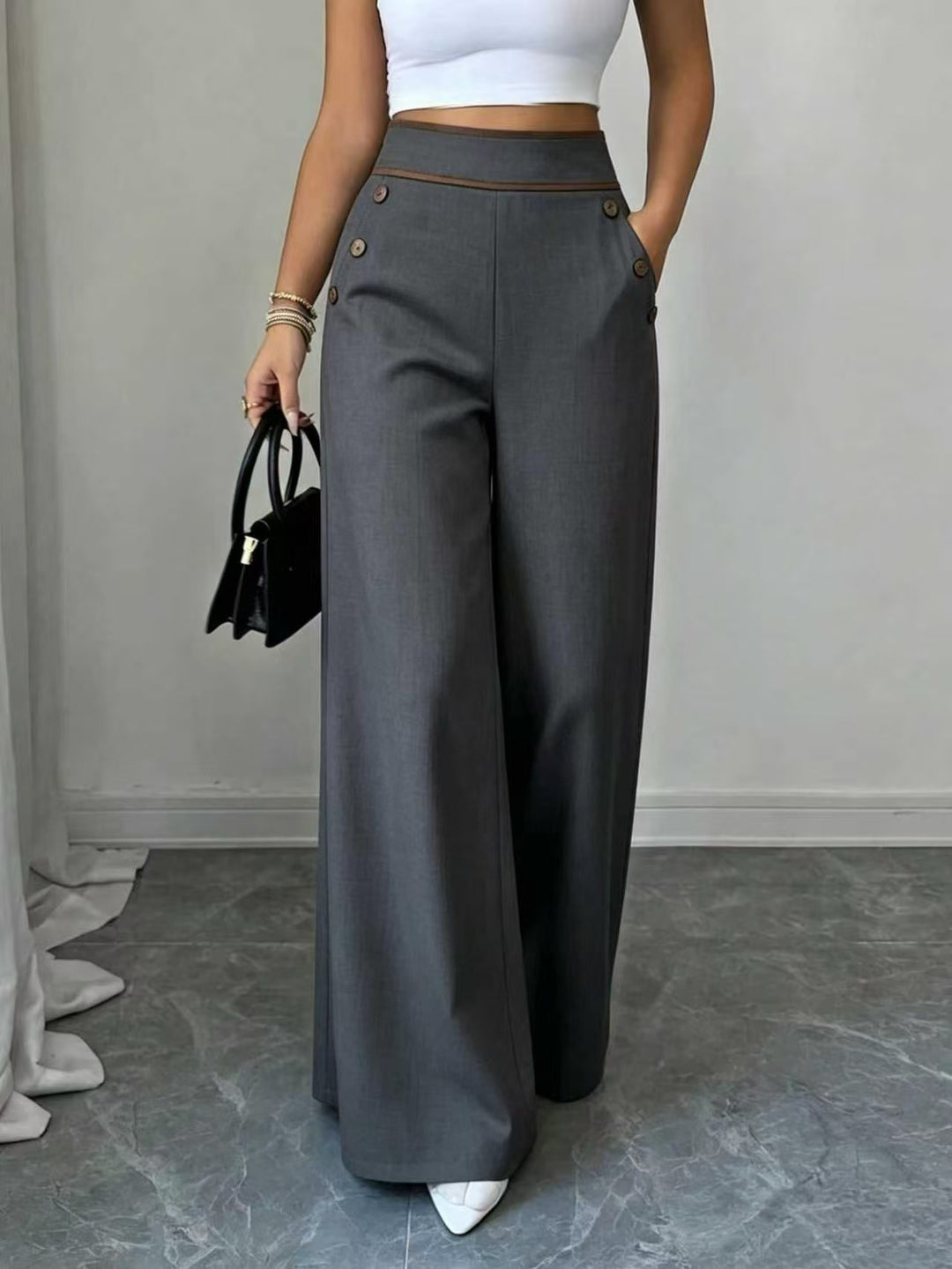 Damen Hochtaillierte Palazzo-Hose mit Zierknöpfen und weitem Bein Shop Nory