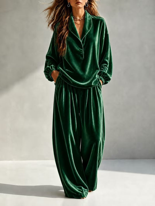 Damen Luxuriöses Velours-Loungewear-Set mit Schalkragen und weiter Palazzo-Hose Shop Nory