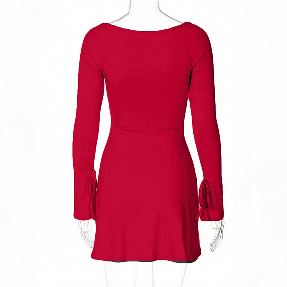 Damen figurbetontes Minikleid mit quadratischem Ausschnitt langen Ärmeln Bindbändern an den Ärmelabschlüssen und seitlichem Schlitz Shop Nory