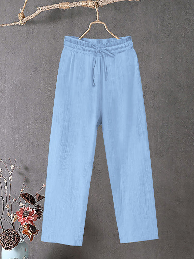 Damen Crinkle Leinenmischung Hose mit elastischem Kordelzug, gerade Beinform und lässiger Passform Shop Nory
