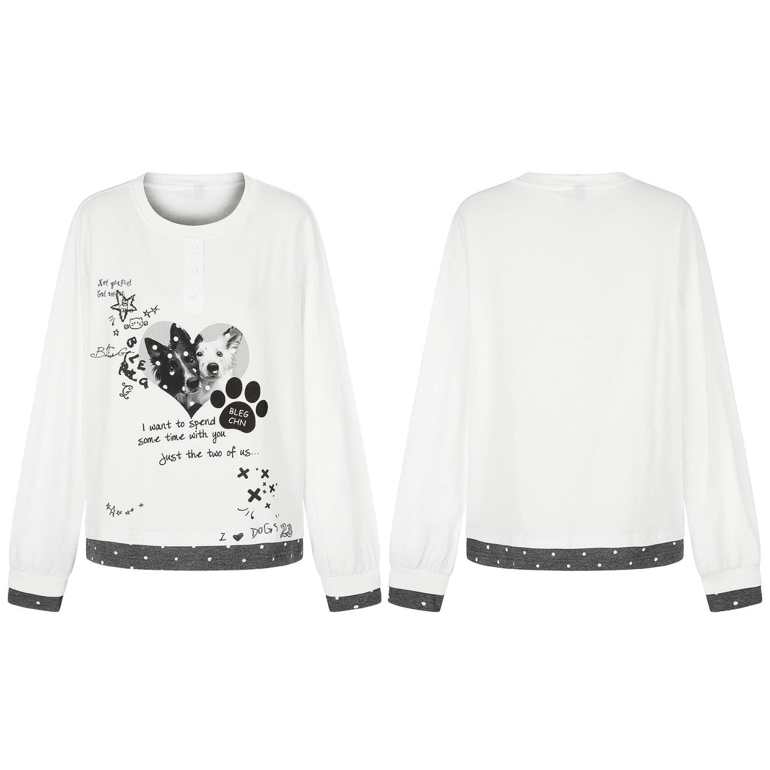 Damen Langarm-Pyjama-Top mit halbnaher Knopfleiste, Herz-Hundeprint und kontrastiertem Bündchen Shop Nory