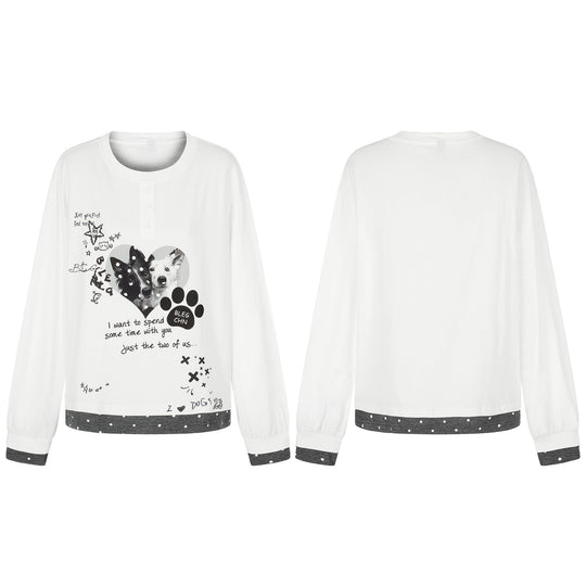 Damen Langarm-Pyjama-Top mit halbnaher Knopfleiste, Herz-Hundeprint und kontrastiertem Bündchen Shop Nory