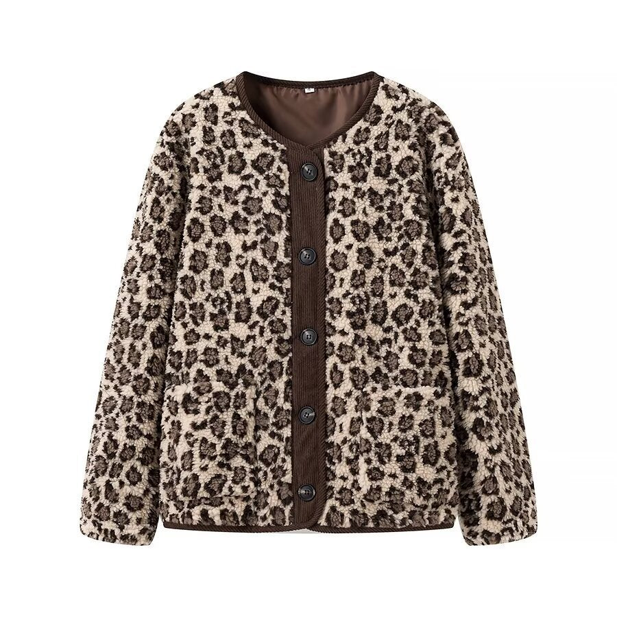 Damen Kurzjacke im Teddy‑Look mit Leopardenmuster und Knopfverschluss Shop Nory