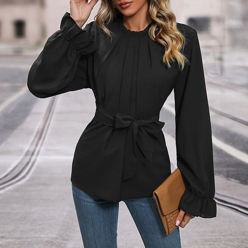 Damen Raffinierte Langarmbluse mit Rüschenkragen, Kellerfalten und Taillenband Shop Nory