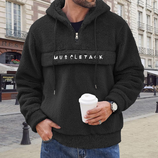 Herren Teddy-Fleece Kapuzenpullover mit halbem Reißverschluss, Kängurutasche und weichem Innenfutter Shop Nory