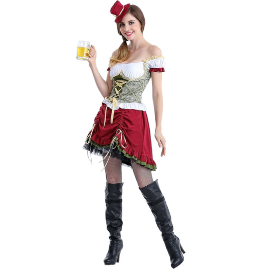 Damen nan kurzes Trachtenkleid im Dirndlstil mit floraler Spitzen-Schürze, geschnürter Miederfront und geraffter Carmenbluse Shop Nory