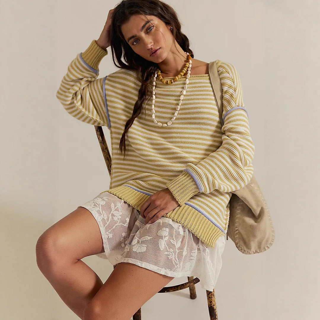 Damen Oversize Ringelstrickpullover mit weitem Schnitt, Bündchen & kontrastierenden Paspeln Shop Nory