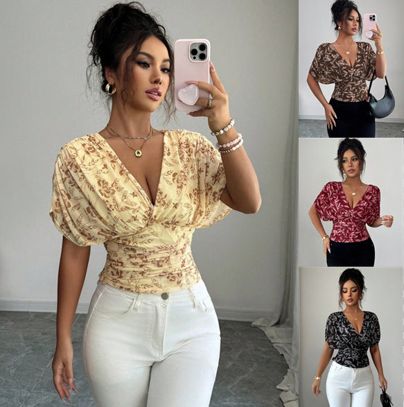 Damen Figurbetonte Wickelbluse mit tiefem V-Ausschnitt, geraffter Taille und Kimonoärmeln Shop Nory