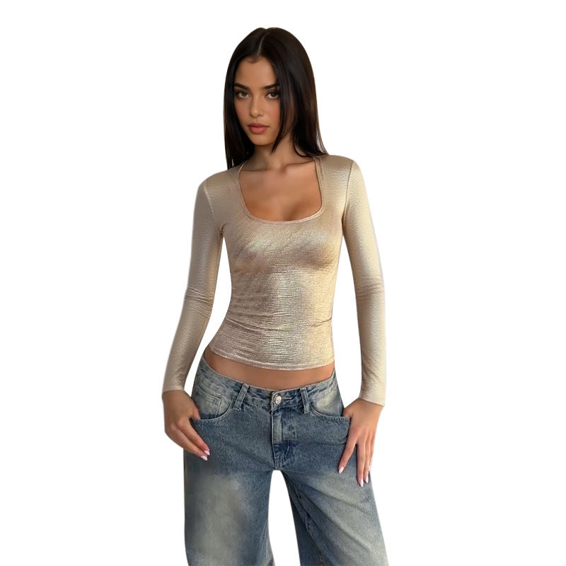 Damen schimmerndes Langarmshirt mit elegantem Rundhalsausschnitt und figurbetontem Schnitt