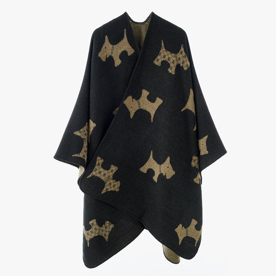 Damen Oversize-Poncho mit jacquardgewebtem Terrier‑Motiv und kontrastiertem Innenfutter Shop Nory