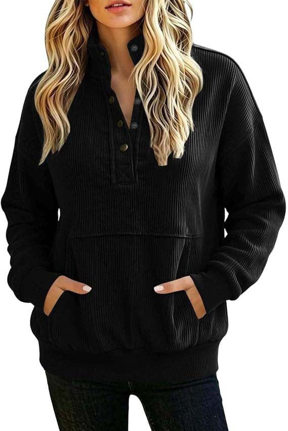 Damen gerippter Henley-Pullover mit Stehkragen und Kängurutasche Shop Nory