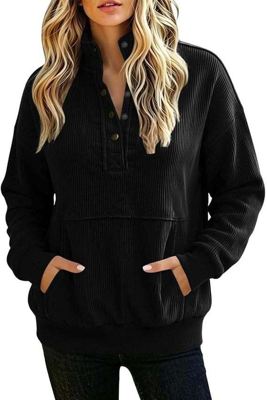 Damen gerippter Henley-Pullover mit Stehkragen und Kängurutasche Shop Nory