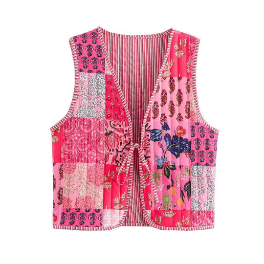 Damen Patchwork-Weste mit Bindeband und V-Ausschnitt Shop Nory