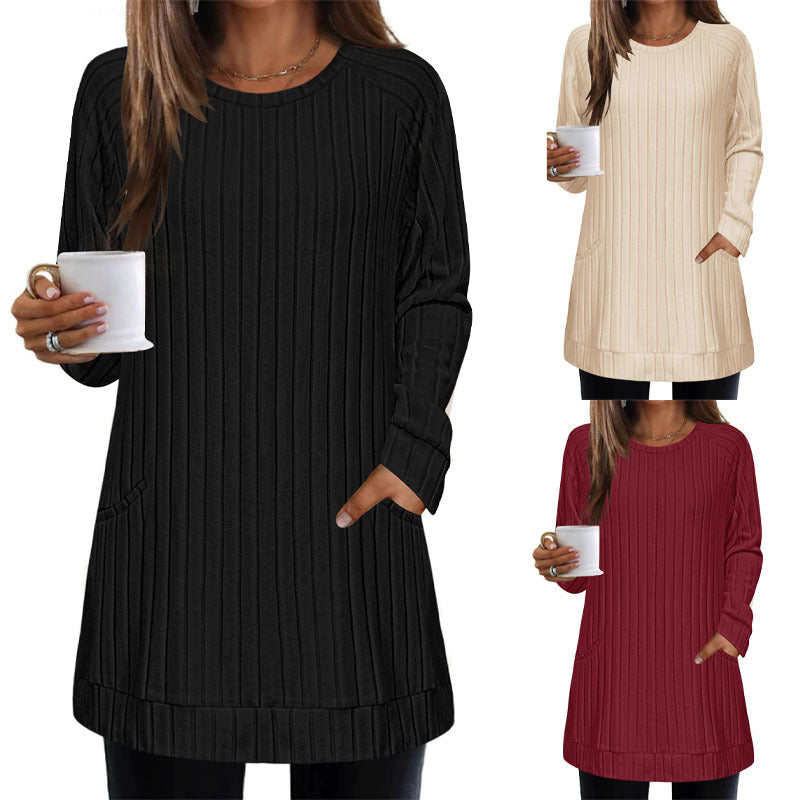 Damen Gerippter Longpullover-Tunika mit Rundhals, Seitentaschen und legerer Passform Shop Nory