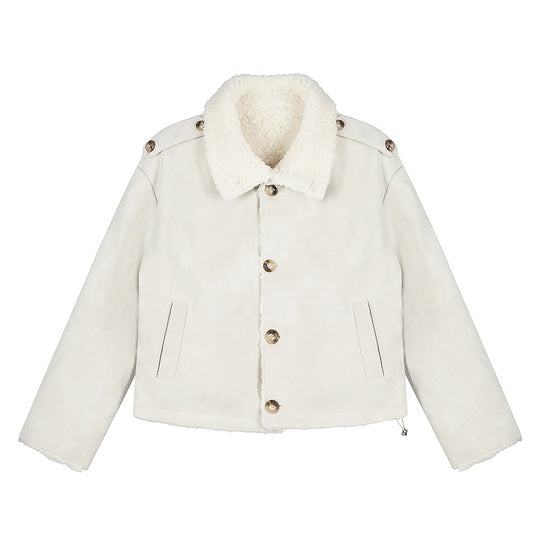 Damen Kurzgeschnittene Lammfell‑Optik Fliegerjacke mit Teddyfutter und Reverskragen Shop Nory
