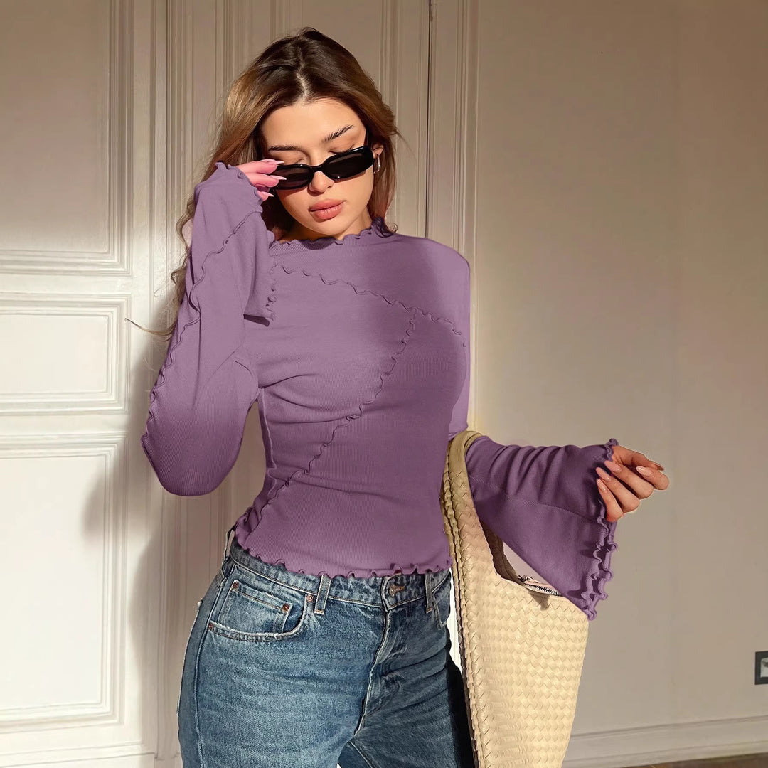 Damen Geripptes Langarmshirt mit Rüschen-Saum und Stehkragen Shop Nory