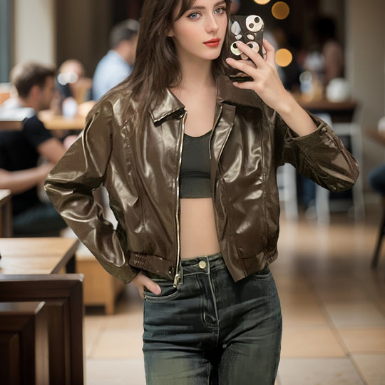 Damen Kurz geschnittene PU-Jacke im Blouson-Stil mit Hemdkragen und tailliertem Gummibund Shop Nory