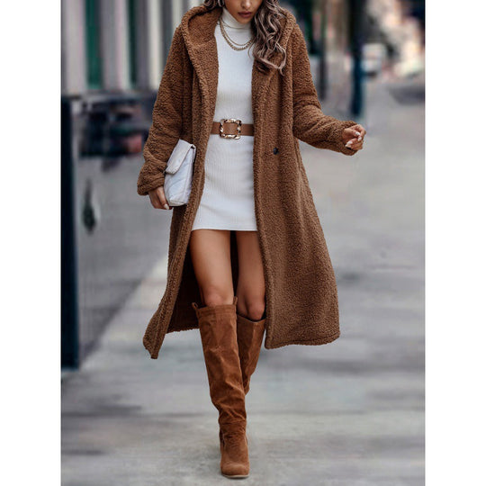 Damen Maxilanger Teddy-Mantel mit Kapuze und doppelter Knopfleiste Shop Nory