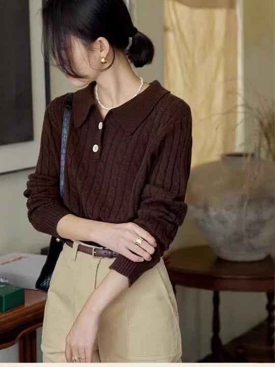 Damen Polokragen‑Zopfstrickpullover mit halber Knopfleiste Shop Nory